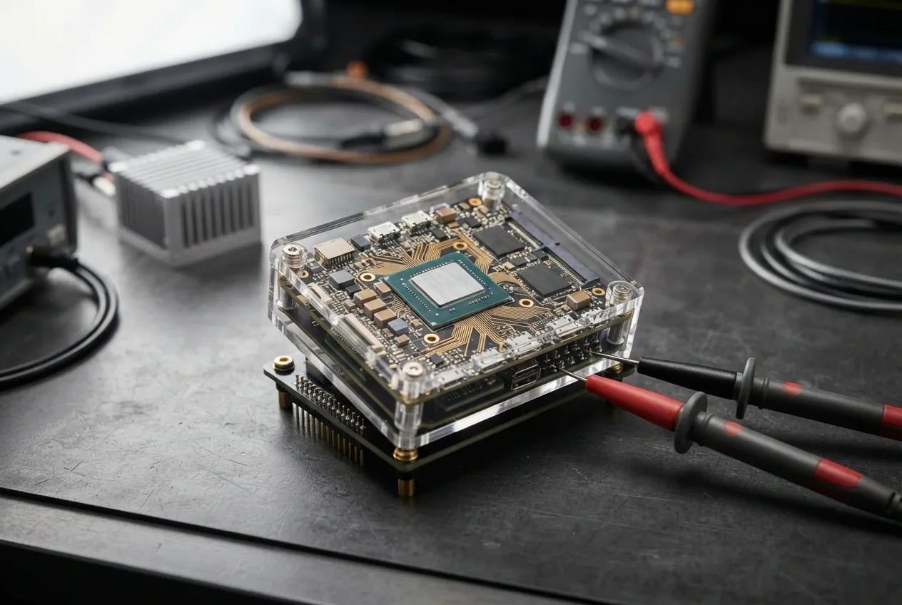 Transparent edge AI processor module with exposed microcircuits and diagnostic probes on a precision electronics test bench.