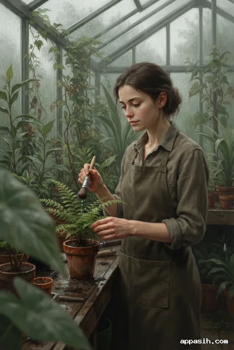 Digital painting portrait of a botanist gently touching a wet fern frond inside a misty rain-covered greenhouse with layered tropical foliage.