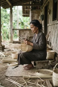 Javanese bamboo basket weaver handcrafting a round basket inside a traditional wooden workshop surrounded by bamboo strips and woven baskets.