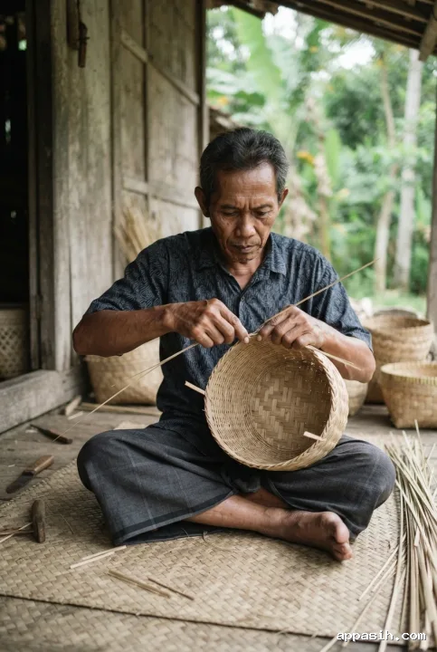 Closer editorial view of a Javanese bamboo artisan weaving a round basket by hand in a traditional timber workshop with bamboo strips, tools, and finished woven forms.