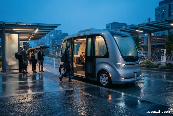 Close cinematic view of an autonomous electric shuttle boarding commuters at the same rainy urban transit hub with reflective pavement and warm station lighting.