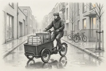 Pencil sketch of an electric cargo tricycle carrying crates through a rainy urban delivery lane with wet pavement and bicycles nearby.