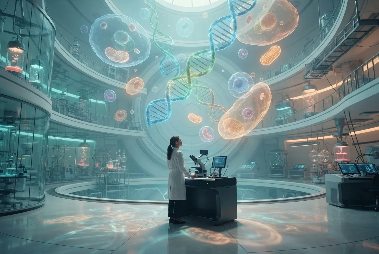 Surreal biomedical scientist observing floating DNA helices and giant cellular structures inside a luminous laboratory observatory.