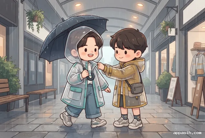 Closer three-quarter view of the same chibi streetwear duo in translucent raincoats beneath a rainy fashion arcade with reflective pavement and soft warm accent lighting.