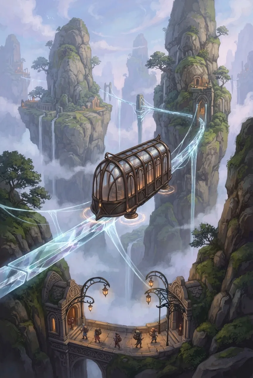 Fantasy concept art of a skyborne passenger tram crossing a glowing crystal rail between floating mountains and a cliffside station.