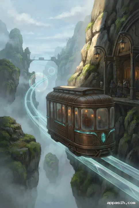 Detailed fantasy concept art of a skyborne passenger tram rounding a suspended crystal rail beside a cliff station in a floating mountain pass.