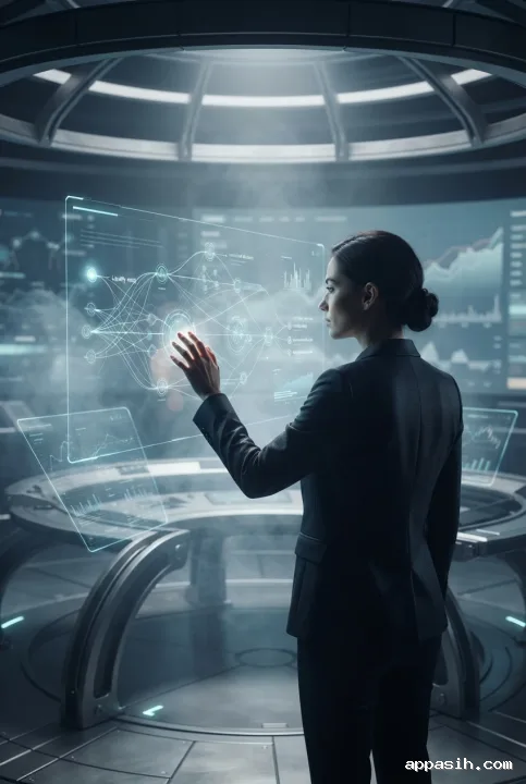 Treasury analyst interacting with holographic capital-flow projections in a detailed futuristic financial control room concept art scene.