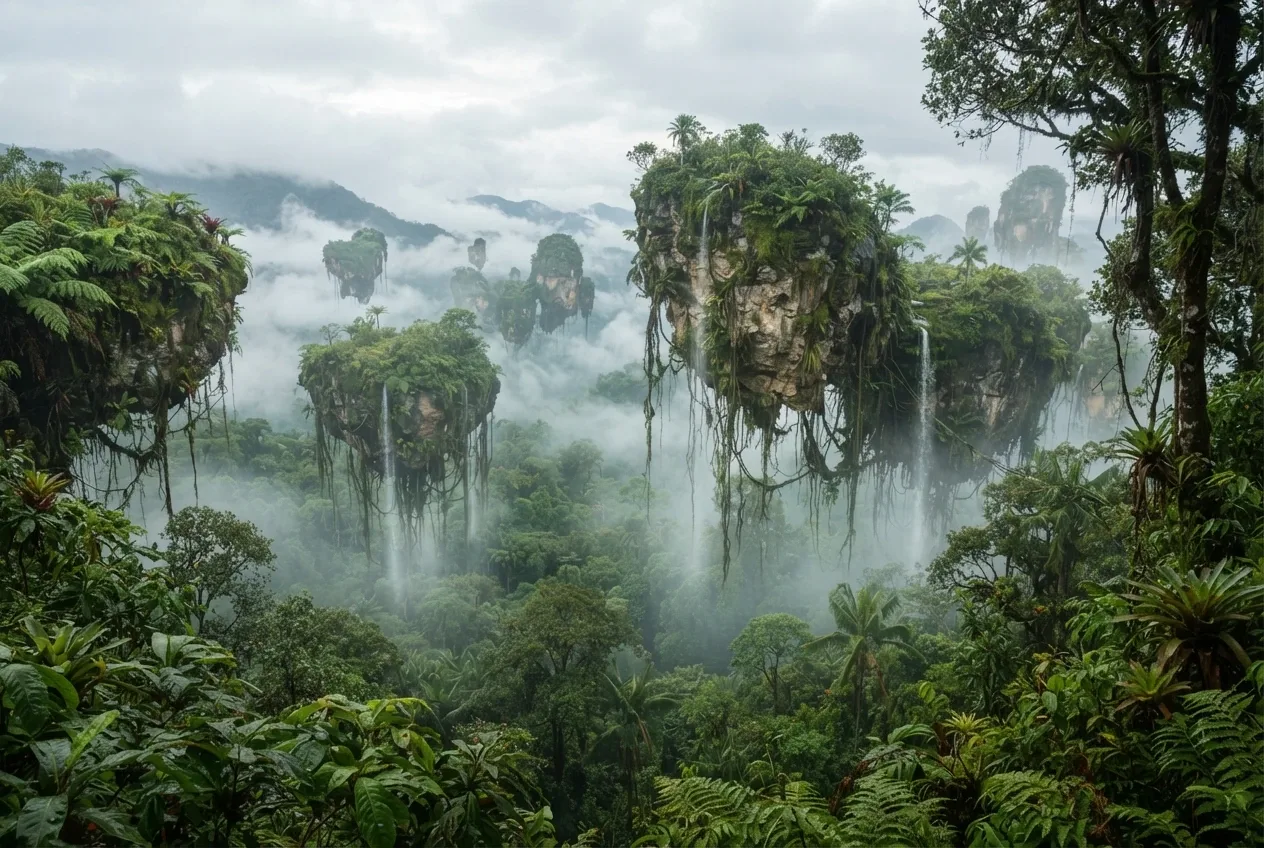 Surreal floating fern islands with hanging roots and waterfalls above a misty rainforest canopy.