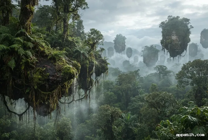 Surreal fern-covered floating islands viewed from a lower angle above a misty rainforest with hanging roots, waterfalls, and soft morning light.