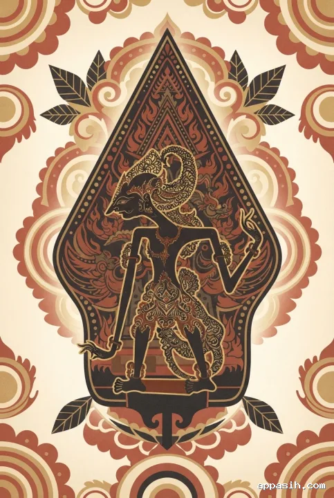 Close portrait abstract graphic of a Javanese wayang shadow-puppet silhouette before a gunungan-inspired form with layered earthy ceremonial ornaments.