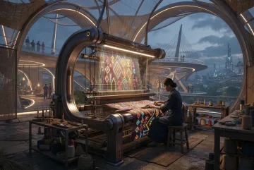 Futuristic heritage loom pavilion with an artisan weaving ancestral geometric textile patterns inside a luminous sci-fi craft space.
