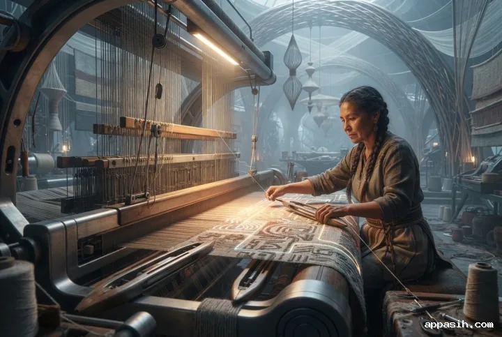 Closer futuristic concept art view of an artisan weaving ancestral geometric patterns on a monumental loom inside the same sci-fi heritage pavilion.