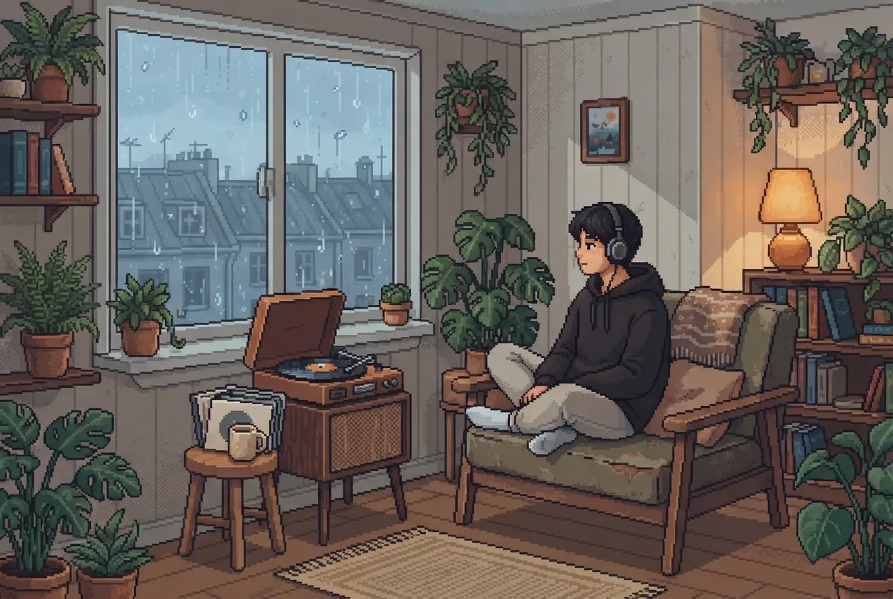 Retro pixel art scene of a young adult listening to a vinyl record with a warm drink beside a rain-covered apartment window.