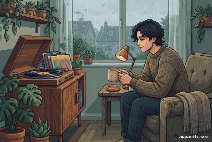 Retro pixel art three-quarter view of a young adult lifting a warm drink while listening to a vinyl record in a rainy apartment living room.