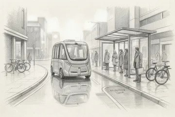 Pencil sketch of an autonomous electric shuttle arriving at a rainy urban transit hub with waiting commuters, bicycle racks, shelters, and wet reflective pavement.