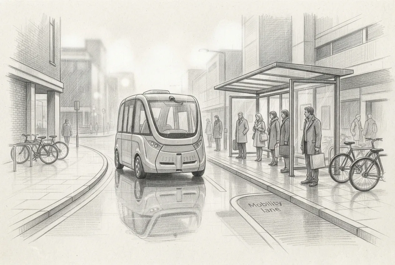 Pencil sketch of an autonomous electric shuttle arriving at a rainy urban transit hub with waiting commuters, bicycle racks, shelters, and wet reflective pavement.