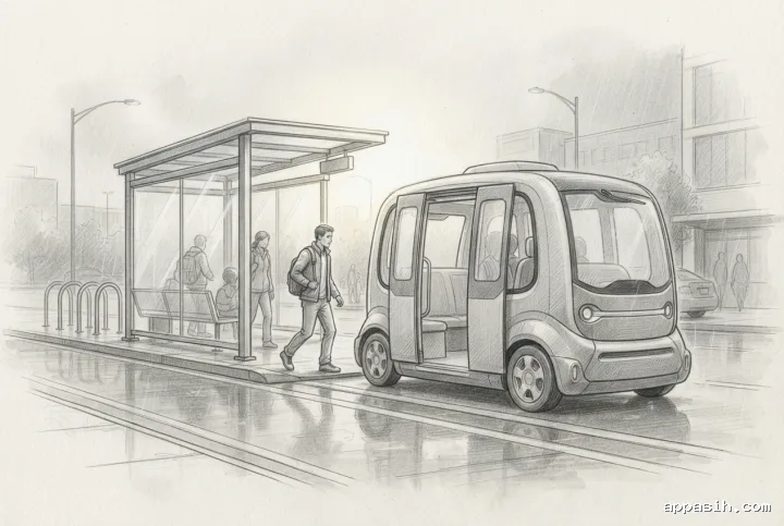Detailed pencil sketch of the same autonomous electric shuttle at a rainy urban transit hub, shown from a closer three-quarter angle with commuters boarding near bicycle racks and wet pavement.