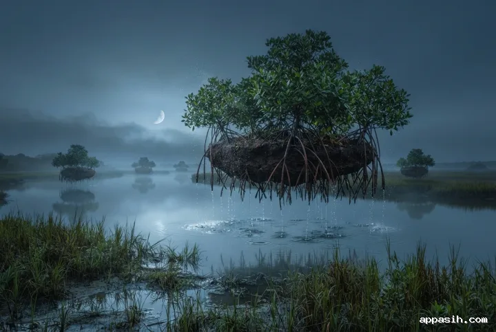 Surreal floating mangrove islands viewed across wet shoreline reeds, with suspended roots dripping into a moonlit tidal lagoon beneath silver coastal mist.