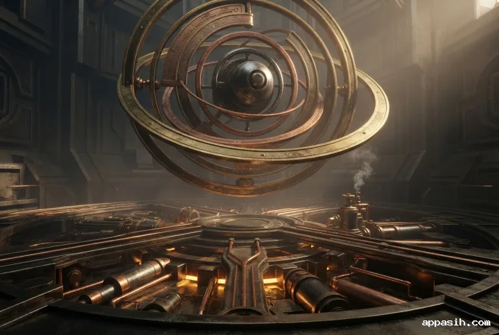 Closer three-quarter view of an abstract steampunk brass orrery above the same clockwork basin, with rotating copper rings, steam, engraved machinery, and amber illumination.