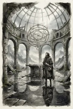 Ink wash drawing of a cloaked cartographer standing in shallow water inside a ruined mountain observatory beneath a suspended celestial map.