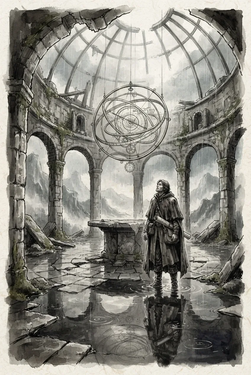 Ink wash drawing of a cloaked cartographer standing in shallow water inside a ruined mountain observatory beneath a suspended celestial map.