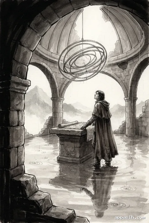 Detailed ink wash drawing of a cartographer examining a chart at a flooded mountain observatory beneath suspended celestial rings as rain falls through the ruined dome.
