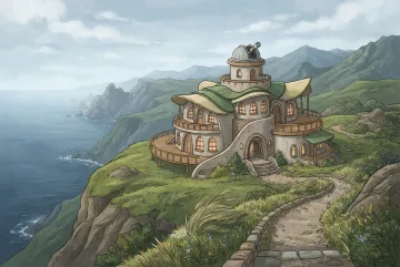 Cartoon cliffside observatory pavilion with curved terraces and a winding path overlooking a misty coastal valley.