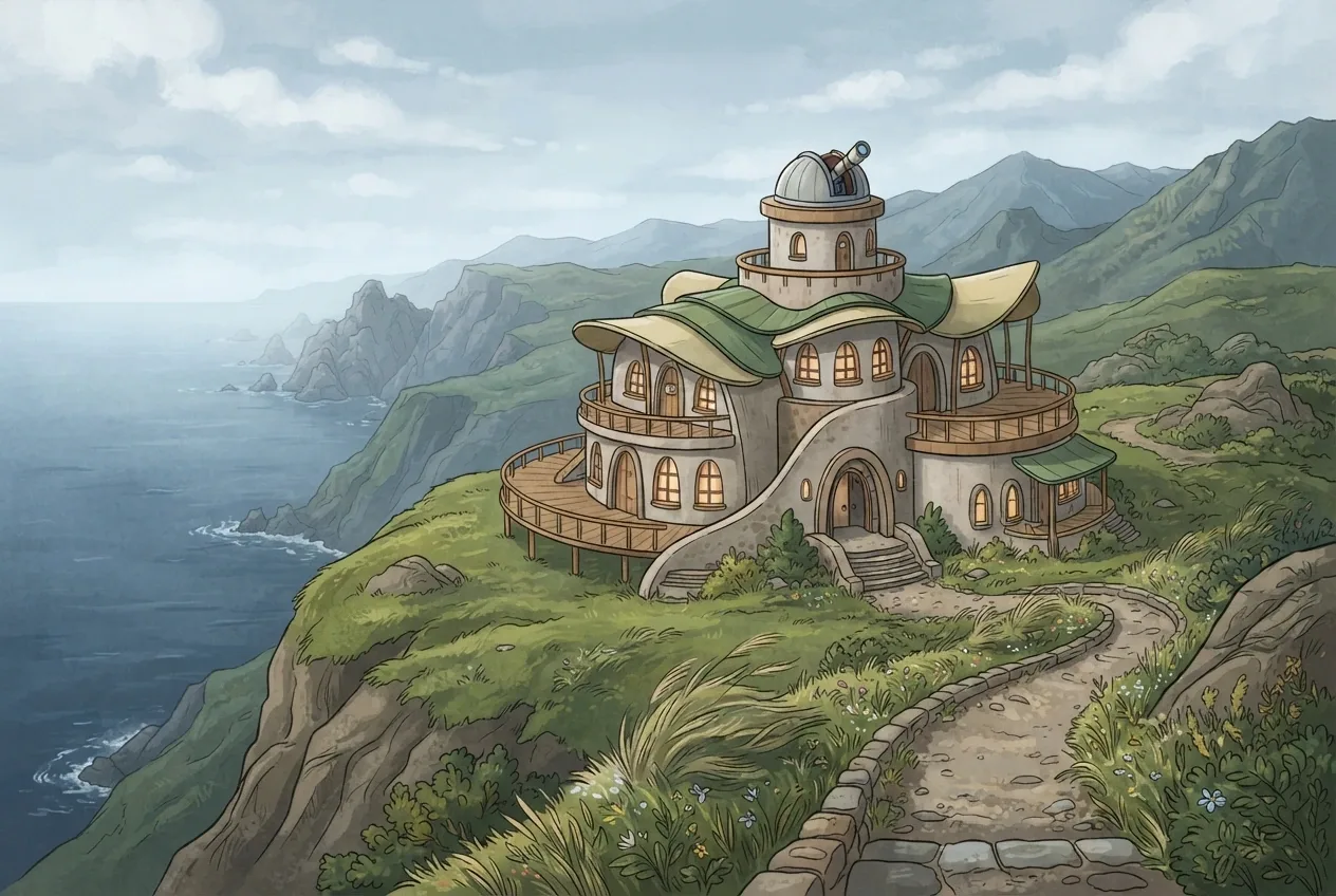 Cartoon cliffside observatory pavilion with curved terraces and a winding path overlooking a misty coastal valley.