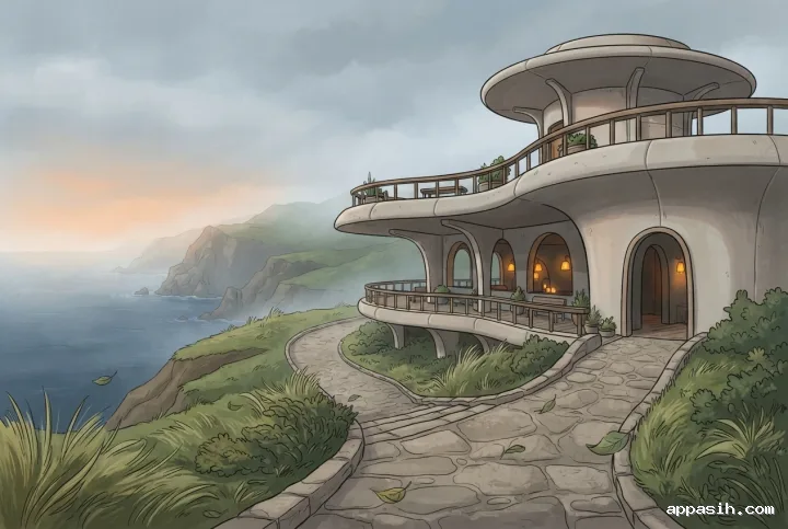 Closer cartoon view of the same cliffside observatory pavilion with curved terraces, warm windows, a winding path, and a misty coastal valley.
