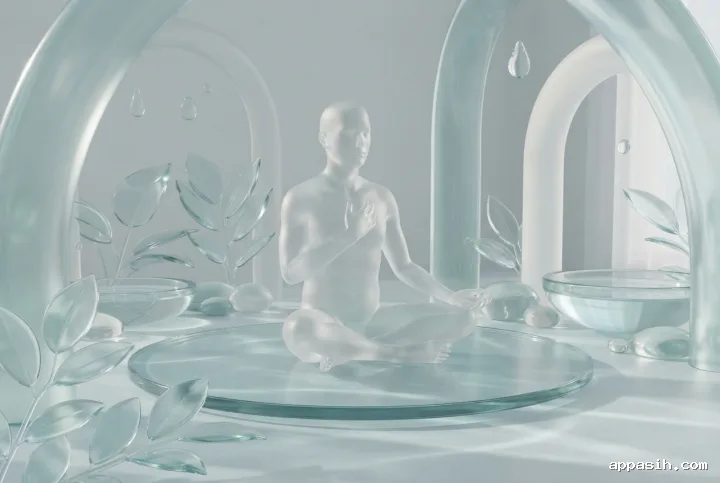 Three-quarter view of a translucent glass meditation figure performing a gentle breathing gesture inside a curved 3D wellness sanctuary with floating droplets and soft aqua light.