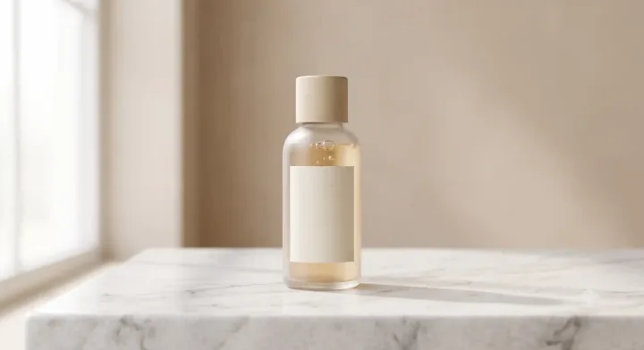 Minimal skincare bottle product mockup on a white marble surface with soft natural lighting