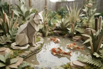Origami cat watching orange paper koi in a handcrafted rain garden with folded plants, wet textured stones, and soft overcast light.