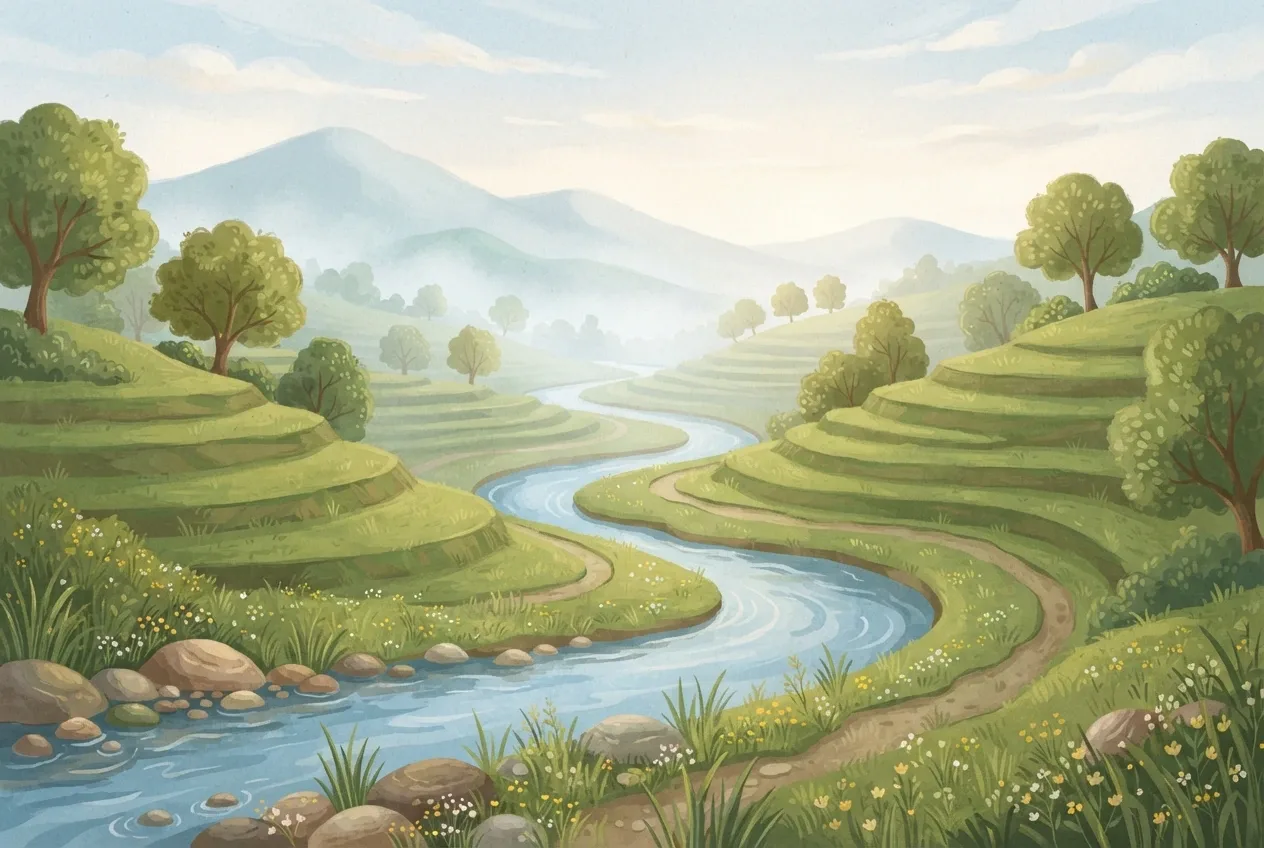Children's book illustration of a misty terraced green valley with a winding blue river, wildflower meadows, scattered trees, and softly layered hills.
