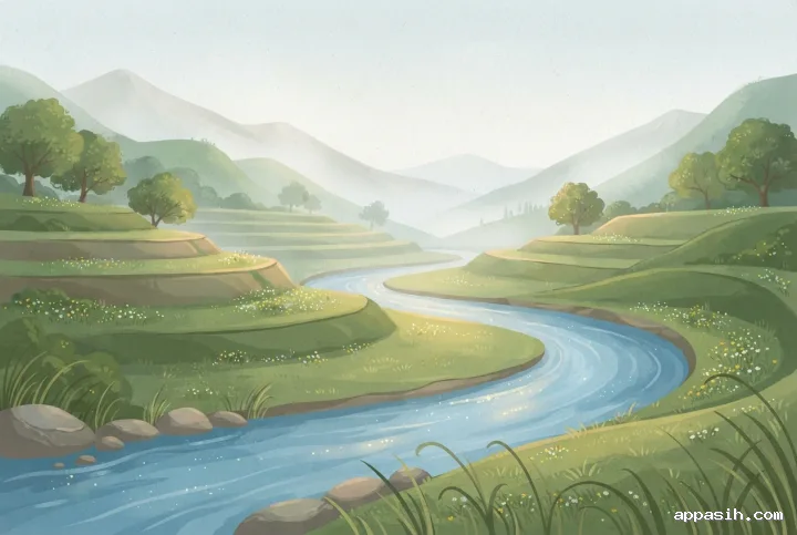 Children's book illustration of a misty terraced valley viewed beside a winding blue river, with foreground stones, wildflowers, rounded green hills, scattered trees, and softly glowing morning light.