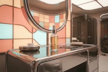 Unbranded facial serum bottle on a chrome retro-futurist cosmetics vanity with curved mirror and glowing geometric light panels.