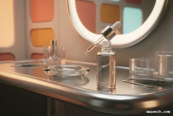 Unbranded facial serum bottle viewed from a low three-quarter angle on the same chrome retro-futurist vanity with curved mirror, cosmetic tools, and amber-cyan geometric lighting.
