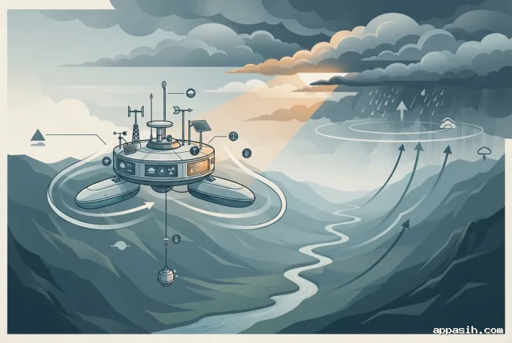Detailed graphic infographic illustration of the floating weather observatory monitoring airflow and storm clouds above the same mountain valley.