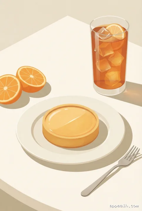 Closer minimalist graphic view of a citrus tart and amber iced tea with orange slices, clean geometric forms, and soft directional shadows.