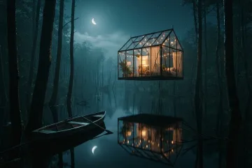 Cinematic floating glasshouse glowing above a moonlit flooded forest with mist, submerged trees, reflective water, and an unattended wooden rowboat.