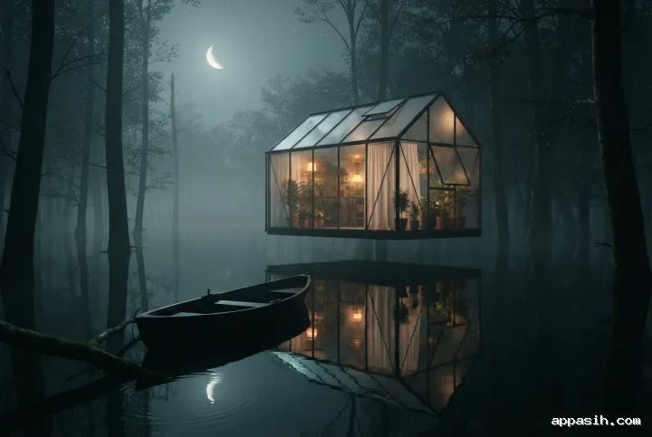 Cinematic low-angle view of a glowing floating glasshouse above a misty flooded forest, with a wooden rowboat, crescent moon, submerged trees, and detailed water reflections.
