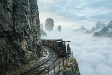 Surreal mountain train traveling along a cliff above a cloud-filled valley as a lone traveler watches floating rock formations and misty peaks.
