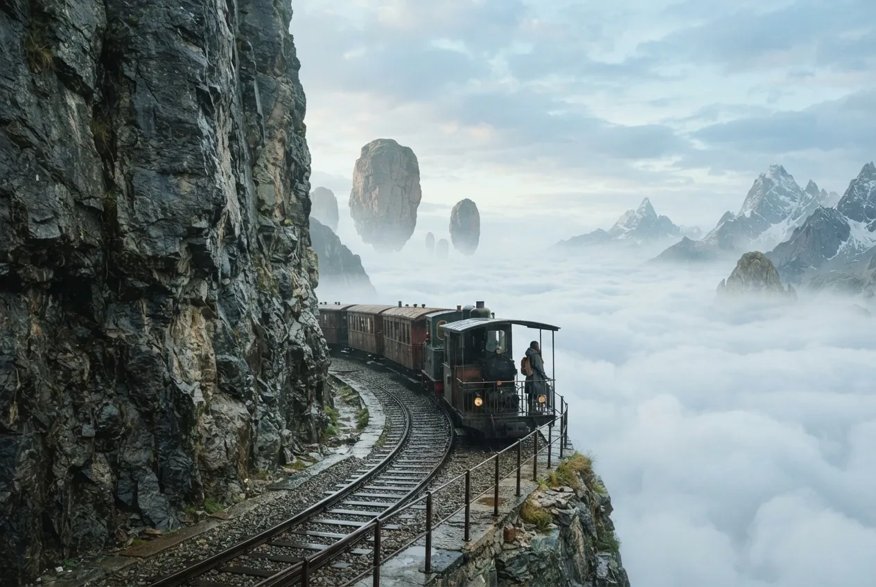Surreal mountain train traveling along a cliff above a cloud-filled valley as a lone traveler watches floating rock formations and misty peaks.