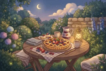 Children's book illustration of a berry tart picnic with strawberries, blueberries, pastries, cups, and a glowing lantern on a garden table at twilight.