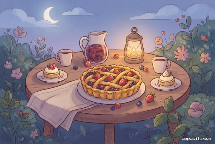 Detailed children's book illustration of the same berry tart garden picnic viewed closer, with pastries, berry drink, scattered fruit, and warm lantern light under a crescent moon.