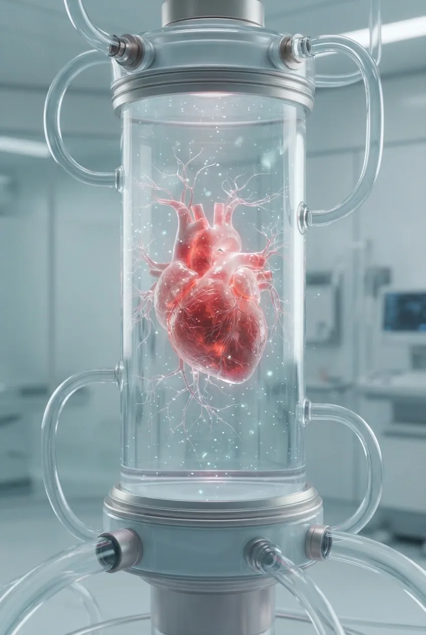 Surreal bioluminescent human heart suspended inside a transparent anatomy chamber in a futuristic medical laboratory.