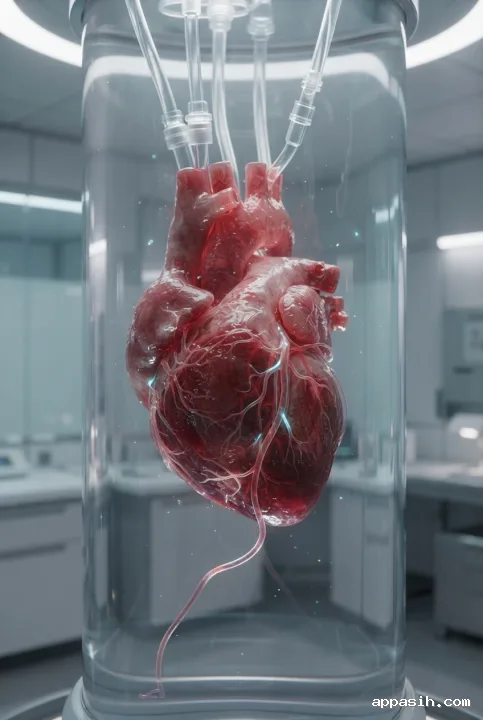 Close three-quarter surreal view of a glowing human heart suspended in a transparent medical anatomy chamber with luminous vessels and drifting biological particles.