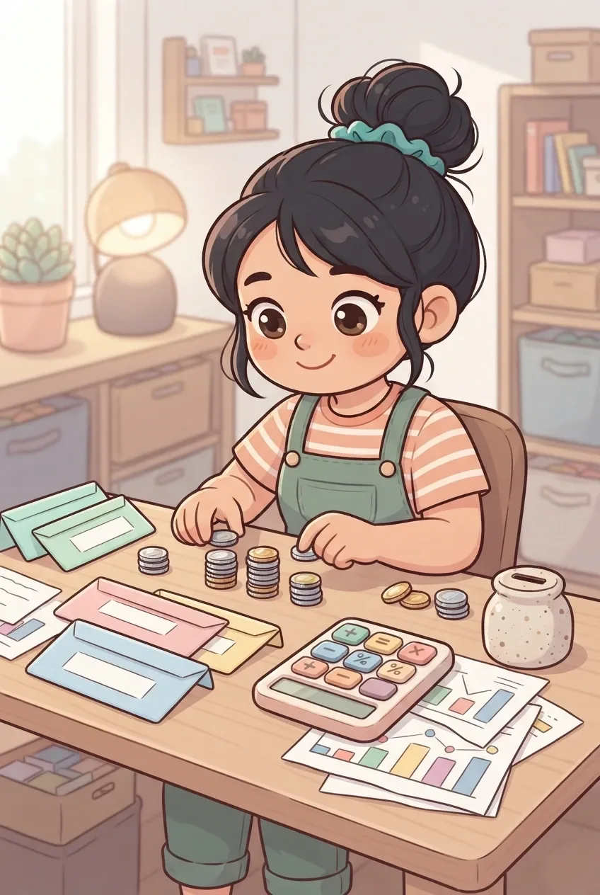 Kawaii cartoon small business owner organizing cash flow with coins, budgeting envelopes, calculator, and finance charts at a cozy office desk.