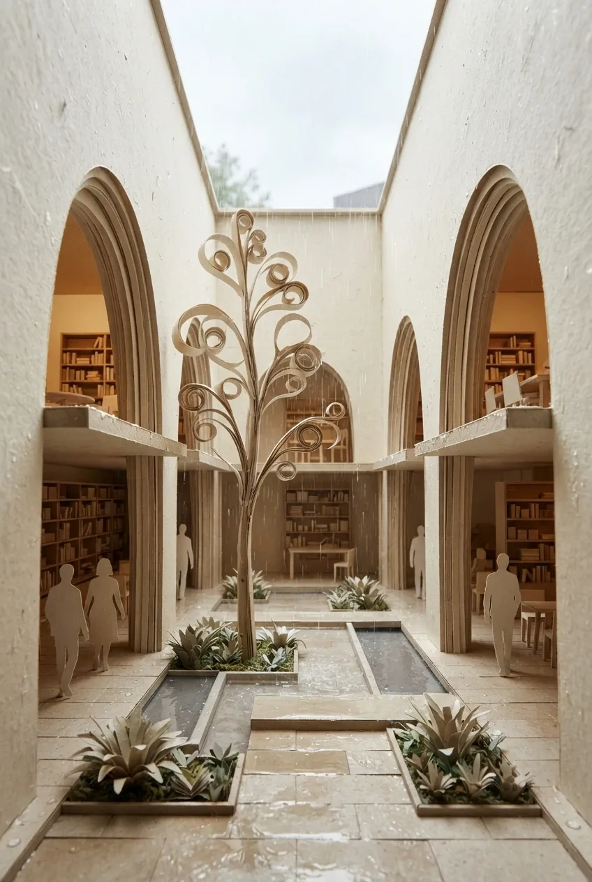 Layered papercraft courtyard library with tall arched walls, covered galleries, indoor trees, wet paving, and a central rain garden.