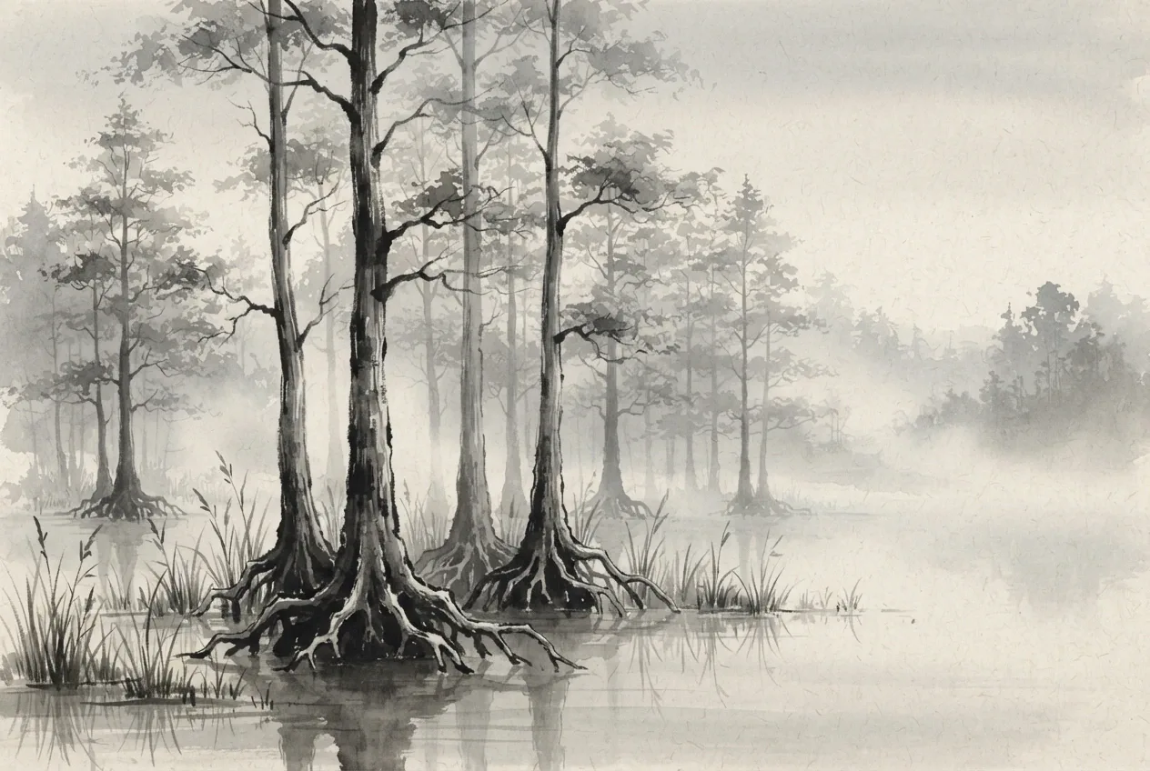 Ink wash drawing of misty cypress trees with exposed roots standing in a calm wetland surrounded by reeds and morning fog.