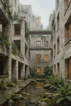 Oil painting of a contemporary courtyard tower with wet pale stone walls, climbing greenery, a narrow rain garden, reflective water, and warm windows after rainfall.
